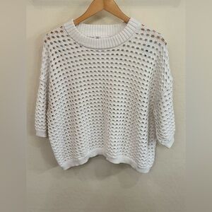 DR2 Women’s White Open-Knit Mesh Dropped Shoulder Crewneck Sweater Crochet Beach